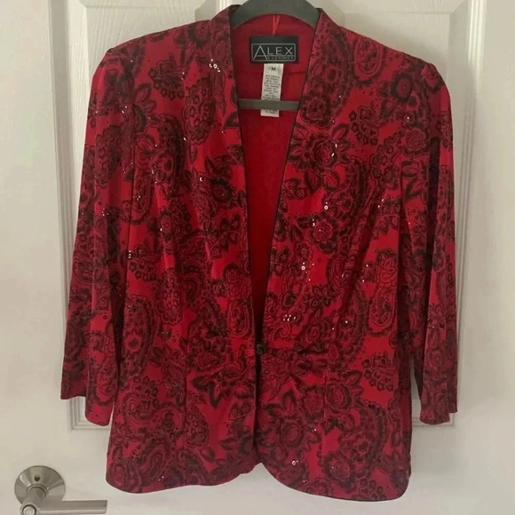 Alex evenings, red and black floral paisley, print formal jacket size size med - Picture 1 of 7